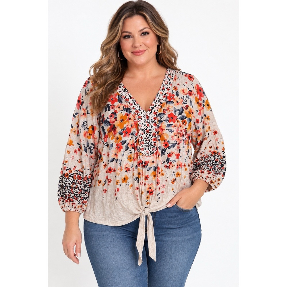 Democracy Women's 1X Floral Boho Blouse Tie Front V Neck 3/4 Sleeve Multicolo